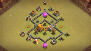 TH4 Anti-3 CWL base layout in Clash of Clans with wide compartments, grouped defenses inside walls to stop Giant and Wall Breaker pushes.