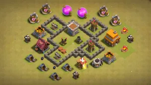 TH4 Anti-Air CWL base layout in Clash of Clans with an asymmetric core, Air Defense and Mortar to stop Giant Balloon and GiBarch attacks.