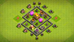 TH4 anti-2-star farming base layout in Clash of Clans with storages walled in beside the Town Hall and a core Air Defense to stop Balloons.
