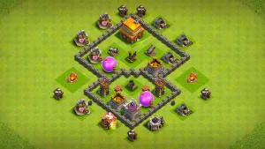 TH4 Anti-3 farming base layout in Clash of Clans with two loot sections, core Air Defense and Mortar to stop Giant and Mass Balloon attacks.