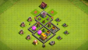 TH4 Anti-3 farming base layout in Clash of Clans with three loot sections, core Mortar and Air Defense to stop Giant and Mass Balloon attacks.