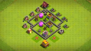 TH4 Anti-3 farming base layout in Clash of Clans with storages split in half, Mortar and Air Defense to stop Giant and Mass Balloon attacks.