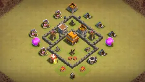TH4 Anti-2 war base layout in Clash of Clans with the Town Hall in the core, Mortar and Air Defense to stop Giant Balloon and GiBarch attacks.