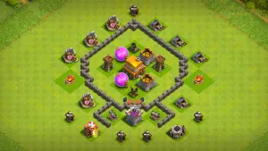 TH4 Anti-2 farming base layout in Clash of Clans with all storages inside the walls, Mortar and Air Defense to stop Giant and Balloon attacks.