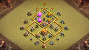 TH5 Anti-3 CWL base layout in Clash of Clans with a wide box layout, Spring Traps and Air Bombs to stop Giant Balloon attacks.