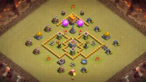 TH5 Anti-3 CWL base layout in Clash of Clans with a Clan Castle lure at the core, split Air Defense and Mortar to stop CWL rush attacks.