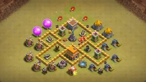 TH5 Anti-Air CWL base layout in Clash of Clans with a U-shaped funnel, Red Air Bombs and Spring Traps to stop Giant Balloon attacks.