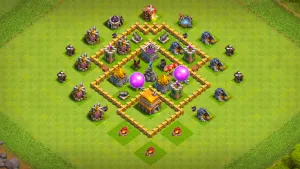 TH5 Anti-3 farming base layout in Clash of Clans with an isolated Town Hall, full trap setup to stop Giant, Balloon and Wall Breaker attacks.