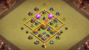 TH5 Anti-2 war base layout in Clash of Clans with a core Town Hall, Mortar and Red Air Bombs to stop Balloon parades and Wizard groups.