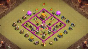 TH6 Anti-Air CWL base layout in Clash of Clans with Air Sweepers and triple Archer Towers to stop air attacks and redirected troops.