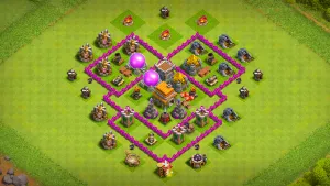 TH6 Anti-2 farming base layout in Clash of Clans with a symmetric compartment design to stop Giant Wizard Healer and Balloon combos.