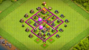 TH6 Anti-3 farming base layout in Clash of Clans with locked storages, Spring Traps and Red Air Bombs to stop the Giant Balloon combo.