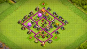 TH6 Anti-3 farming base layout in Clash of Clans with complex pathing, Spring Traps and Red Air Bombs to stop Giant and Balloon attacks.