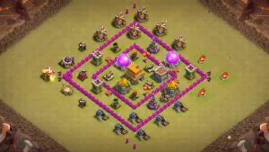 TH6 Anti-2 war base layout in Clash of Clans with a ring-shaped design around the Town Hall to stop common war attack strategies.