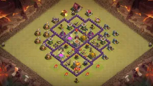 TH7 Anti-3 CWL base layout in Clash of Clans with edge Town Hall and Air Sweepers to control Dragon pathing and attacks.