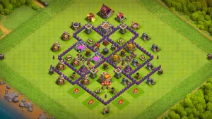 TH7 Anti-3 farming base layout in Clash of Clans with centered Dark Elixir and triangular Air Defenses to stop Dragon and Hog Rider attacks.