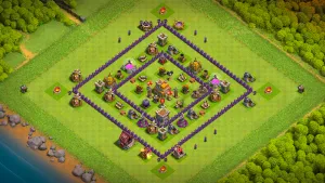 TH7 Anti-2 trophy base layout in Clash of Clans with a ring design, Air Defenses and Giant Bombs to stop Dragon and Hog Rider attacks.