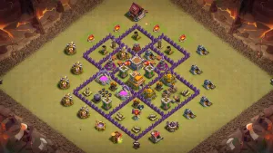 TH7 Anti-2 war base layout in Clash of Clans with a compact design, storage bait and paired Giant Bombs to stop Dragon and Hog attacks.