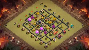 TH8 Anti-3 CWL base layout in Clash of Clans with a compact box design and Giant Bombs to stop Dragon and Hog Rider attacks.