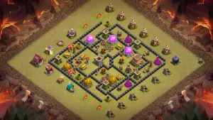 TH8 Anti-Dragon CWL base layout in Clash of Clans with triangular Air Defenses and Black Mines to stop Dragon and Balloon attacks.