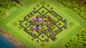 TH8 farming base link layout in Clash of Clans with a centered Town Hall and triangular Air Defenses to stop Dragon attacks.