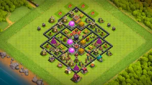 TH8 farming base link layout in Clash of Clans with edge Town Hall and centered Dark Elixir to bait Dragons and protect loot.