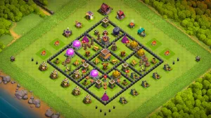 TH8 Anti-2 ranked base layout in Clash of Clans with split CC and King, triangular Air Defenses to stop Dragon and Hog attacks.