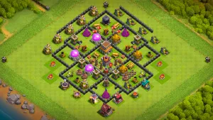 TH8 Anti-2 trophy base layout in Clash of Clans with Air Sweepers and Giant Bombs to control Dragon pathing and stop Hogs.