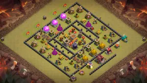 TH8 Anti-2 war base layout in Clash of Clans with a ring design and Giant Bombs to extend pathing and stop Dragon and Hog attacks.