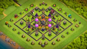 TH9 Anti-2 farming base layout in Clash of Clans with a centered Town Hall, storages and ring design to stop lower Town Hall raids.