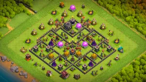 TH9 Anti-3 farming base layout in Clash of Clans with a box design, full defense coverage and a Dark Elixir swap to stop farming raids.