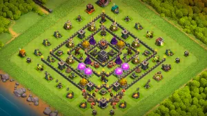 TH9 Anti-2 trophy base layout in Clash of Clans with centered X-Bows and a tight trash ring to stop lower Town Hall attackers.