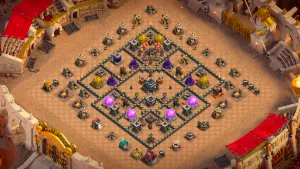 TH9 Anti-2 war base layout in Clash of Clans with flanking X-Bows and backend bait to stop Hog, LaLo and Queen Charge attacks.