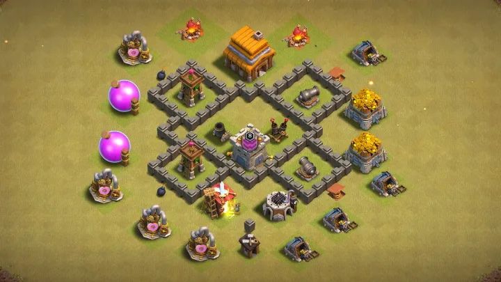 TH4 CWL base layout in Clash of Clans with key defenses in the core, Mortar and Air Defense to stop GiBarch and Balloon attacks.