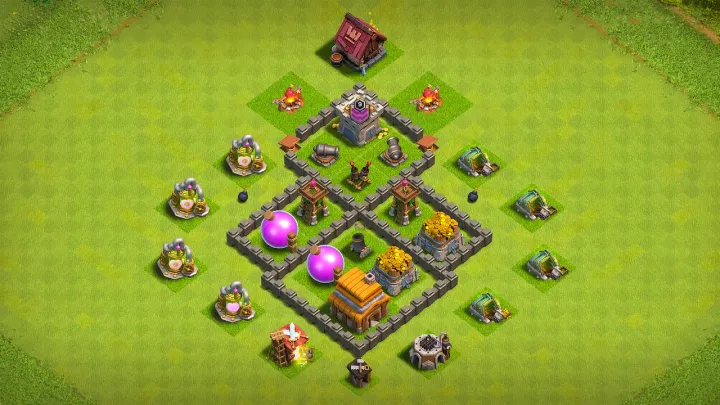 TH4 farming base layout in Clash of Clans with storages split into three sections, Mortar and Air Defense to stop GiBarch and Balloons.