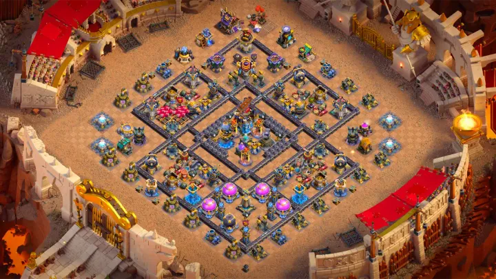 TH18 Anti-2 Hero Hunter war base layout in Clash of Clans with the Town Hall in the core, Multi Inferno Towers to stop Super Bowler attacks.